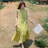 蓝色气质女神范法式荷叶边鱼尾长裙夏季新款赫本风休闲连衣裙女，女装连衣裙，2C103