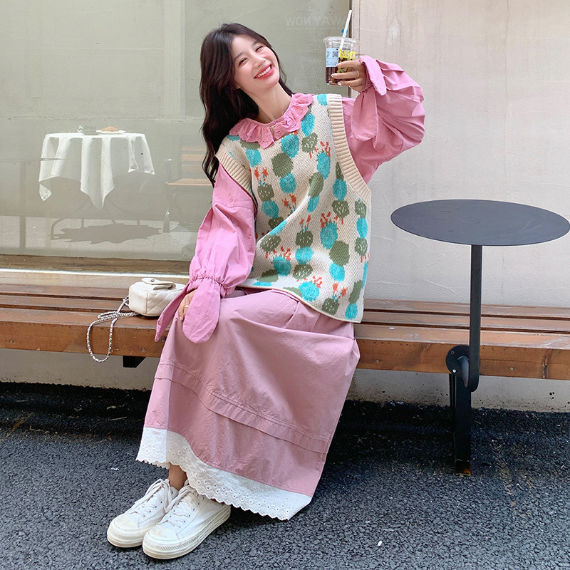 粉色蕾丝花边衬衫休闲套装女2025春秋季新款针织马甲半身裙三件套,女装套装/套裙,2C103