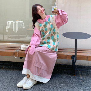 粉色蕾丝花边衬衫休闲套装女2025春秋季新款针织马甲半身裙三件套图片