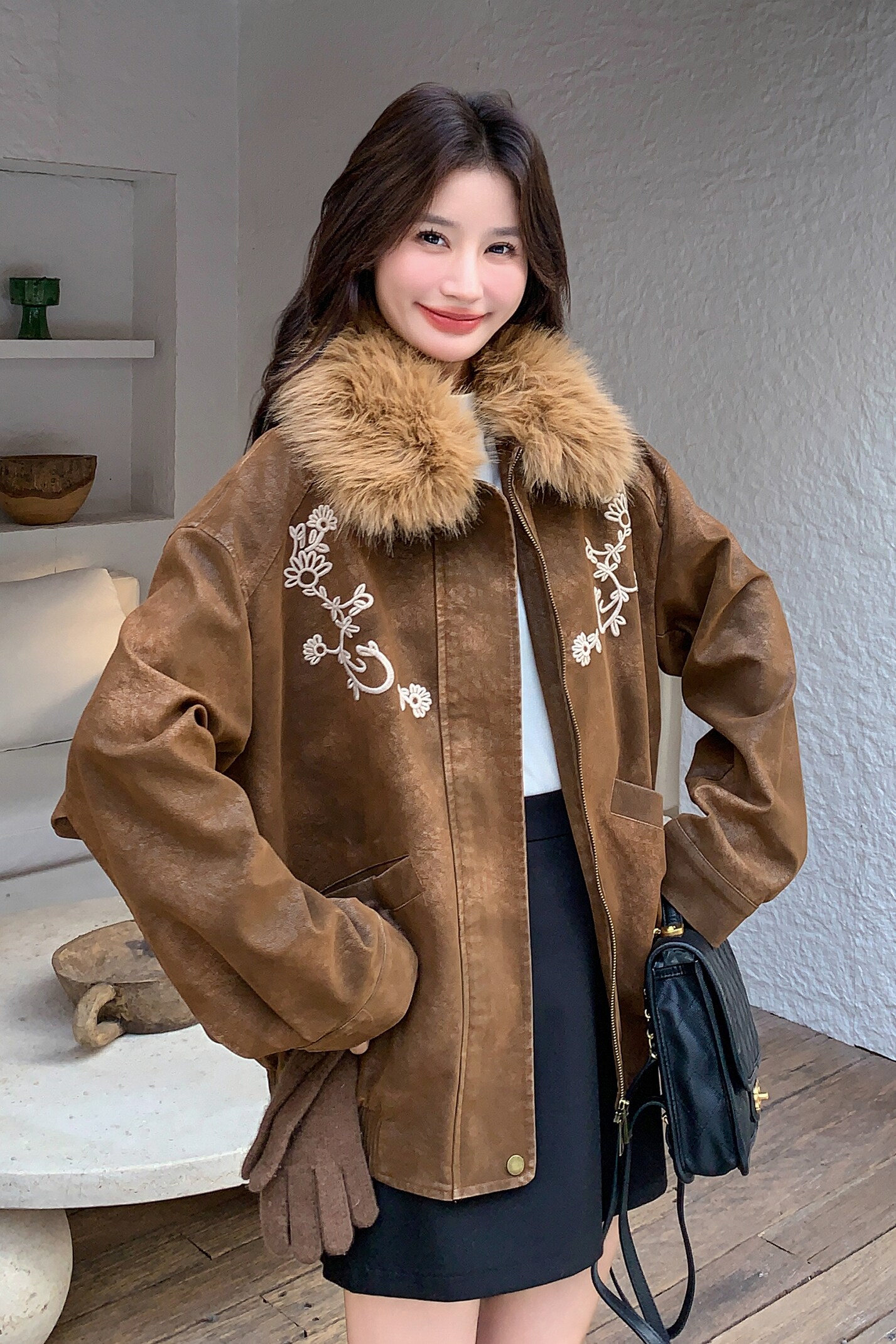 美拉德复古刺绣派克服女2025冬季新款韩系设计感加厚保暖棉服外套,女装短外套,2C103