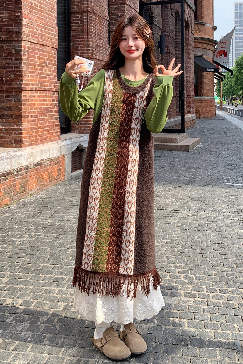森系针织连衣裙女2025秋季新款慵懒松弛感罩衫叠穿减龄裙子两件套,女装连衣裙,2C103