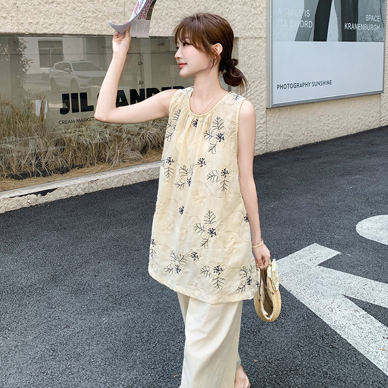 新中式国风刺绣无袖上衣阔腿裤套装女夏季2025新款甜美显瘦两件套图片