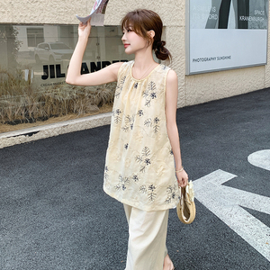 新中式国风刺绣无袖上衣阔腿裤套装女夏季2025新款甜美显瘦两件套图片
