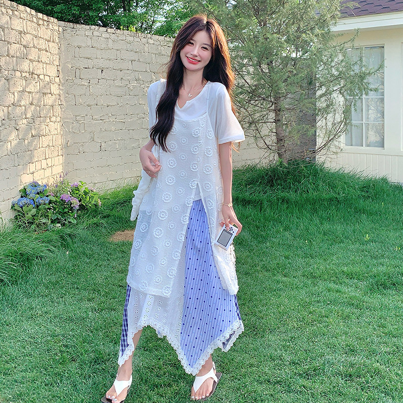 清新松弛感温柔三件套女2025夏季提花吊带短袖不规则半身裙套装潮,女装套装/套裙,2C103
