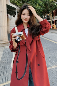 超好看红双排扣风衣女2025春秋新款英伦风长款过膝宽松外套图片