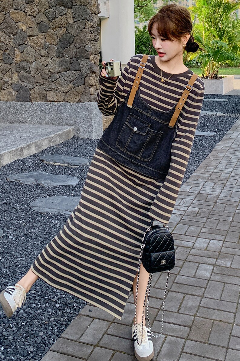 简约通勤春秋时尚套装通勤套装背带裙韩版春装ins风大码显瘦牛仔,女装连衣裙,2C103