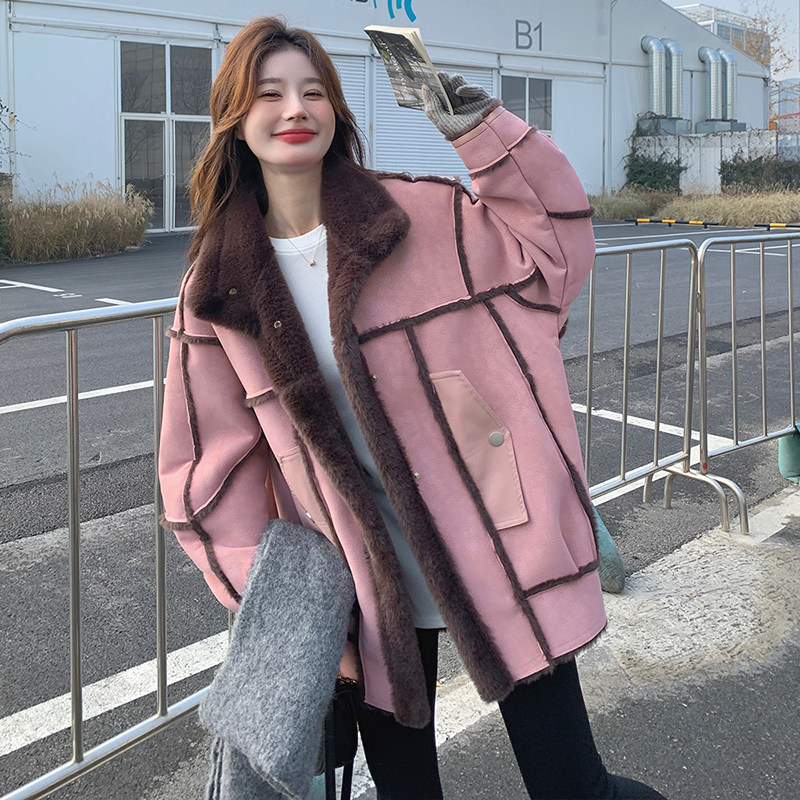 绿色皮毛一体毛呢外套女2024冬季韩系设计感小个子麂皮绒加厚棉服,女装派克服,2C103