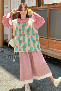 粉色蕾丝花边衬衫休闲套装女2025春秋季新款针织马甲半身裙三件套图片