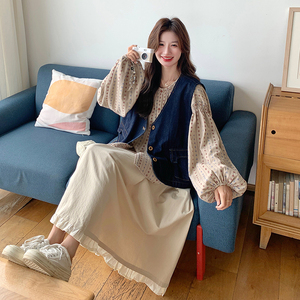 慵懒风碎花衬衫牛仔马甲套装裙女2025秋季新款小个子半身裙三件套图片