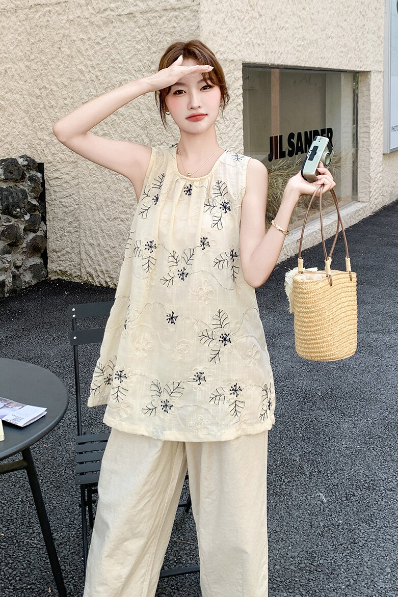 新中式国风刺绣无袖上衣阔腿裤套装女夏季2025新款甜美显瘦两件套,女装套装/套裙,2C103