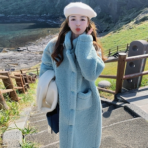 蓝色长款羊羔毛皮毛一体外套女2024冬季宽松高级感加厚棉服大衣图片
