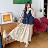 慵懒风碎花衬衫牛仔马甲套装裙女2025秋季新款小个子半身裙三件套，女装套装/套裙，2C103