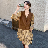 复古碎花连衣裙春秋女2025新款麂皮绒马甲超好看小个子，女装连衣裙，2C103