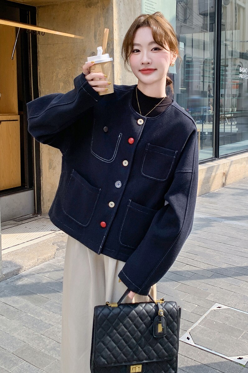 韩版无领藏蓝色短外套女2025春季新款独特漂亮超好看不撞衫棒球服,女装短外套,2C103
