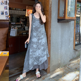 轻熟风灰色印花罩衫裙套装女夏季新款遮肉显瘦背心裙两件套连衣裙，女装套装/套裙，2C103