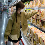高级小众韩系chic绿色皮衣外套女春秋超火好看独特漂亮短夹克上衣，女装短外套，2C103