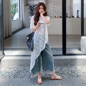 甜美清新日系套装女2025新款夏季蕾丝不规则T裙牛仔阔腿裤两件套图片