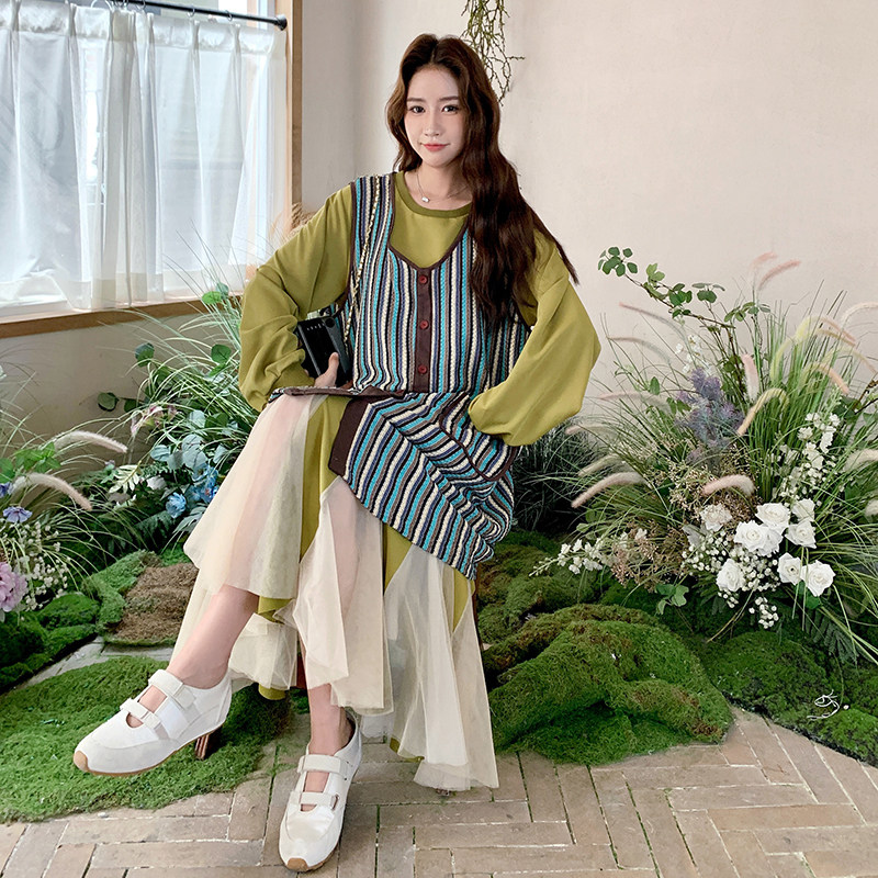 网纱拼接卫衣连衣裙套装女2025秋季新款超好看条纹马甲罩衫两件套,女装套装/套裙,2C103