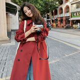 超好看红双排扣风衣女2025春秋新款英伦风长款过膝宽松外套，女装风衣，2C103