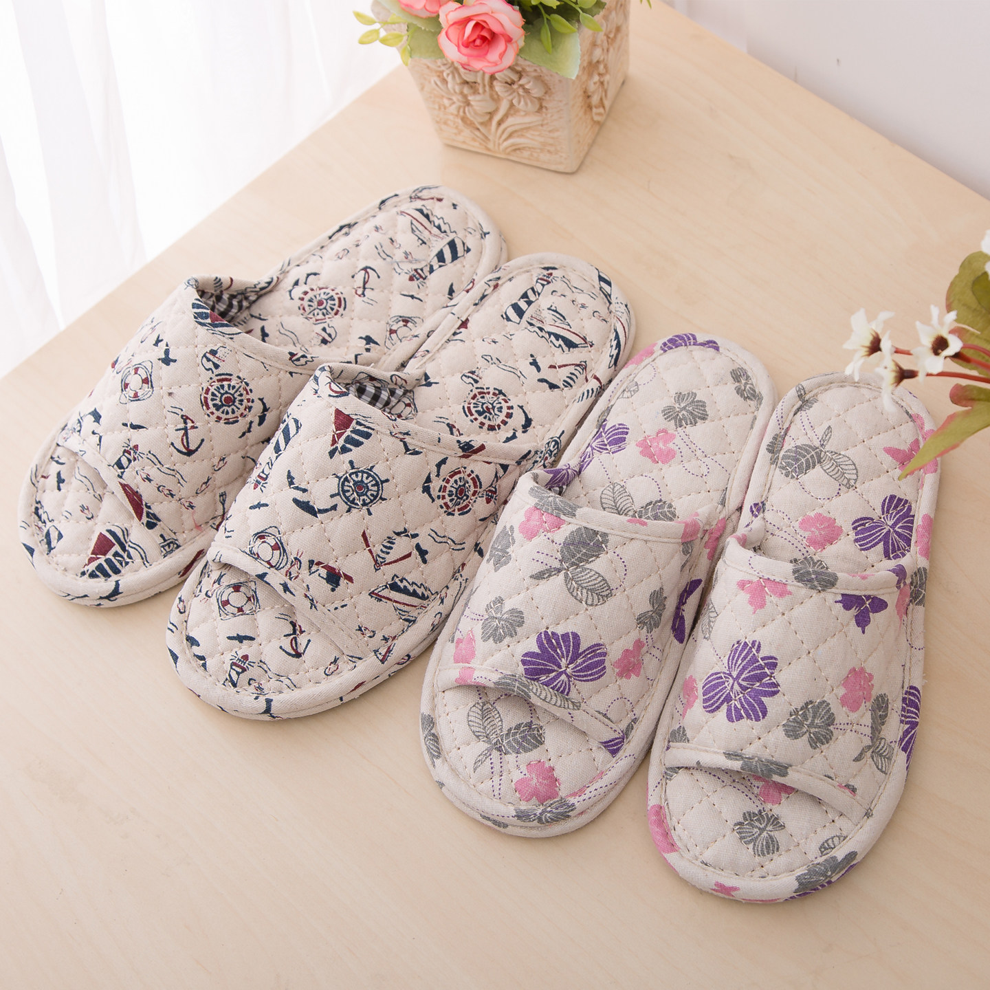 可机洗春秋居家用亚麻布底棉拖鞋女男夏季不臭脚地板静音情侣拖鞋