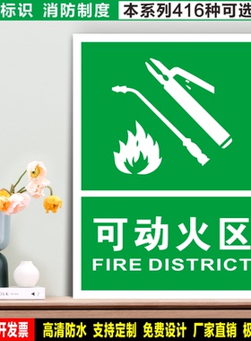 可动火区 定制防水贴纸PVC硬板铝牌物业消防工地车间检查验厂标识