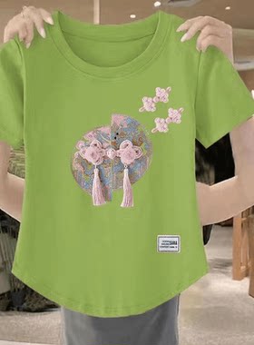 2025夏季中国风t恤女生宽松白色新中式圆领时尚正肩印花体恤