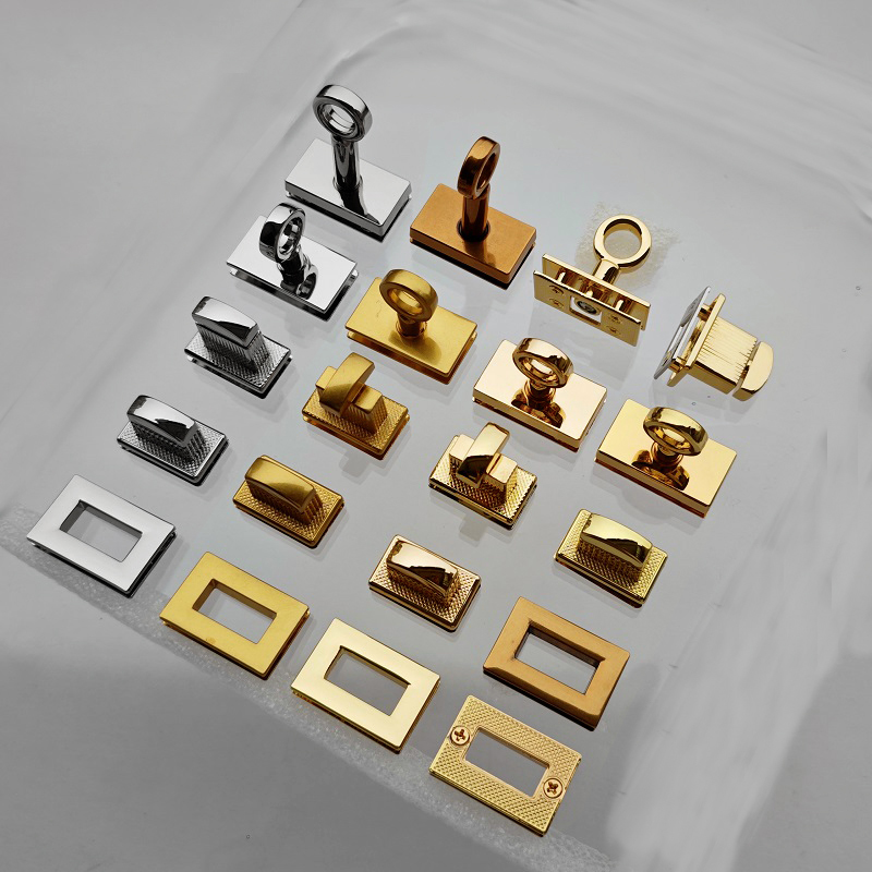 新款包拧锁扭转锁扣子配件鎏金色银白长方形圆环长杆锁座鸡眼配件