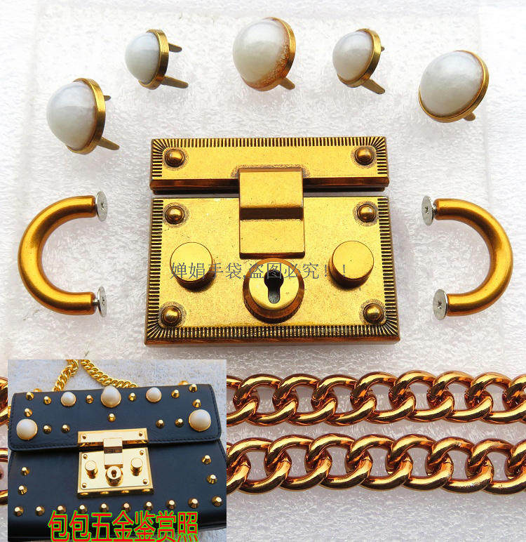 LEATHER BRAND WOMENS BAG VINTAGE GOLD CHAIN SEMI-ROUND ARCH BRIDGE SCREW HANDLE BUCKLE BEADS CLAW NAILS LARGE SQUARE SNAP LOCK