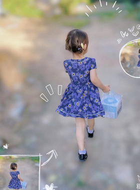 法式夏女大童棉弹力蓝紫色印花连衣裙适合3岁-16岁 连衣裙