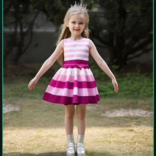 女大童全棉紫色系横条纹连衣裙公主裙适合2 法式 14岁 新款 25夏季