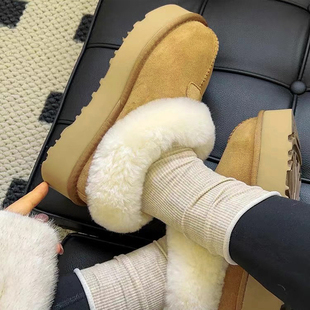 冬新款防滑及裸靴加绒大棉鞋厚底塔次特羊皮毛一体雪地靴女
