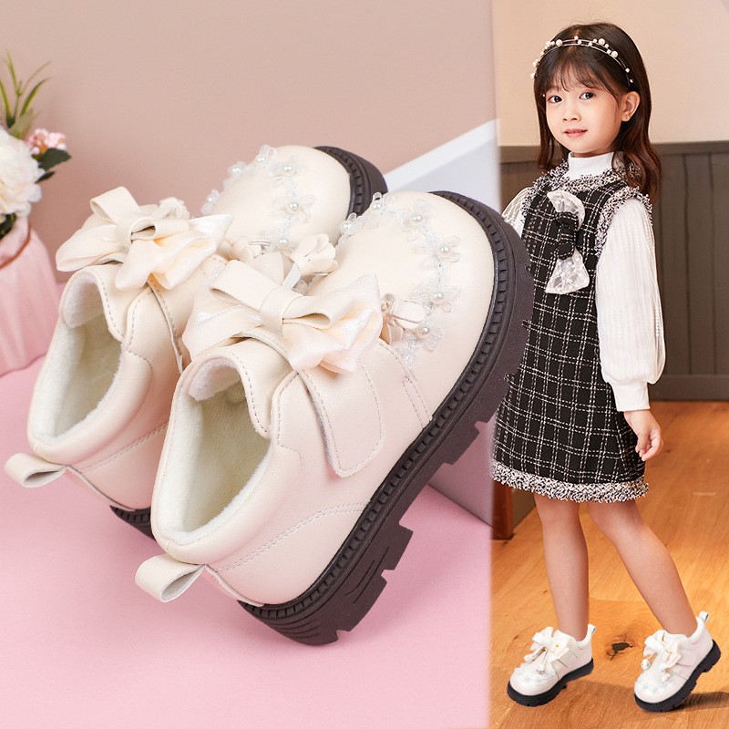 女童公主短靴2025新款冬季女孩加绒保暖棉鞋时尚蝴蝶结二棉马丁靴