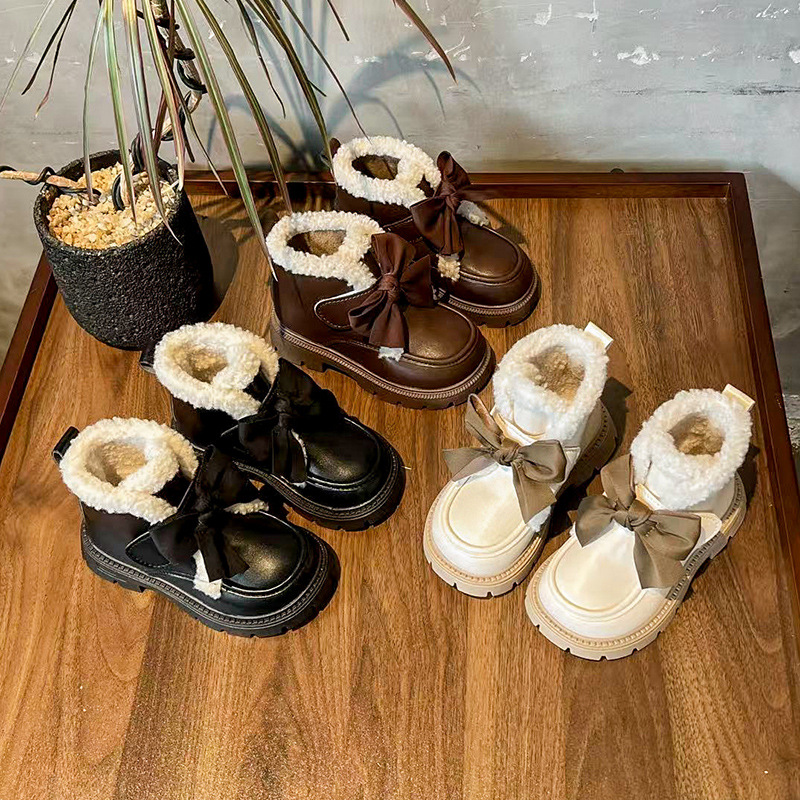 女童棉靴儿童可爱蝴蝶结公主短靴2025冬季新款儿童加绒保暖皮靴潮