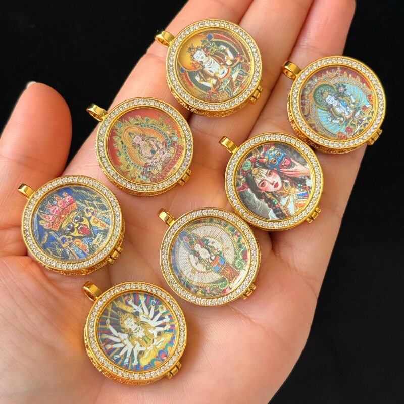 圆形唐卡吊坠五爷前世今生扎基拉姆大黑天文殊菩萨绿度母唐卡项链
