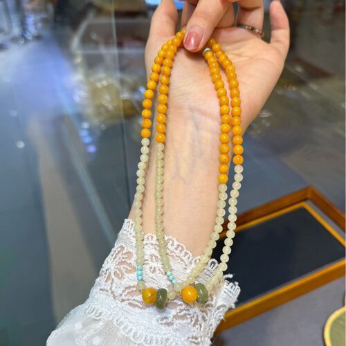 天然俄料鸡油黄蜜蜡单圈手串配蜜