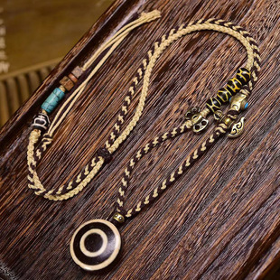 纯手工编织绳项链可调节富甲配珠藏式文玩天然板眼天珠吊坠饰品