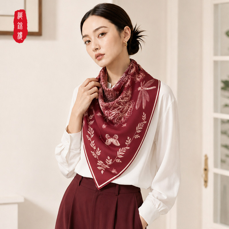 复古羊毛印花真丝方巾女百搭装饰护颈围巾送长辈