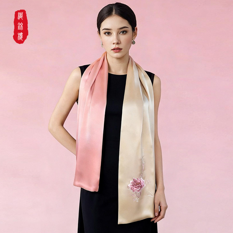 织锦楼100%真丝桑蚕丝刺绣花卉丝巾女长条形披肩送妈妈母亲节礼物