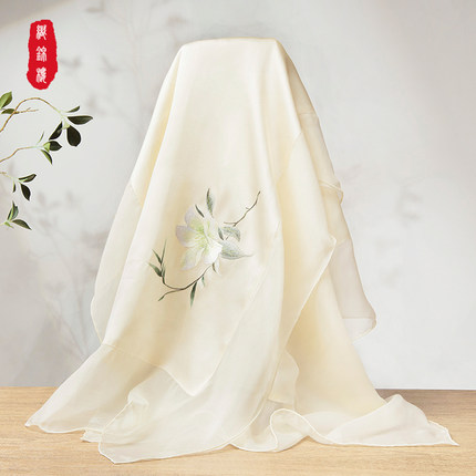 织锦楼手工栀子花苏绣真丝丝巾女桑蚕丝披肩围巾送妈妈生日礼物