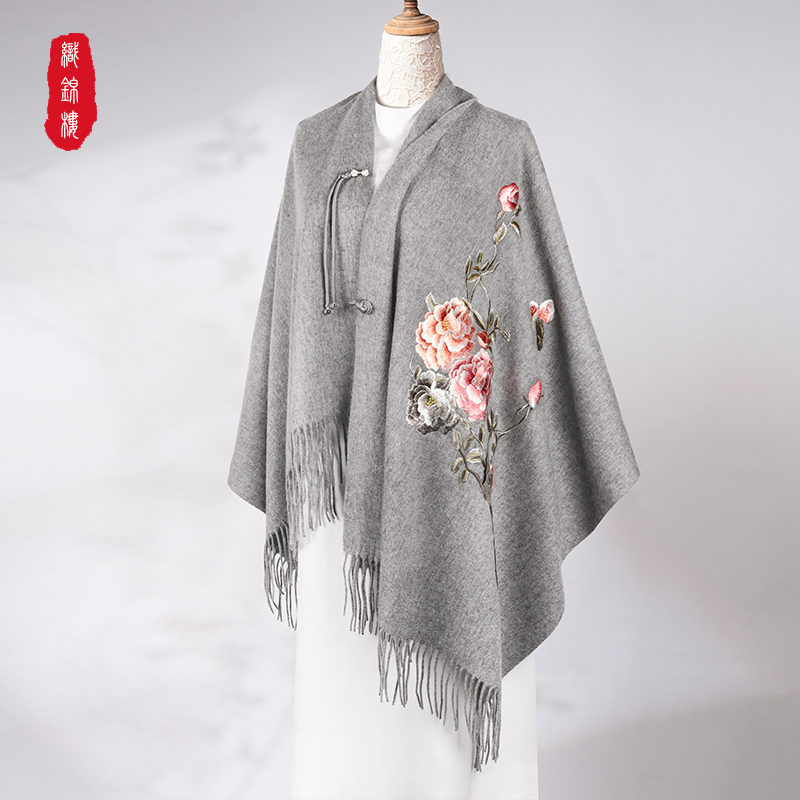织锦楼100%羊毛刺绣牡丹花披肩女秋冬新款保暖围巾妈妈款旗袍外搭