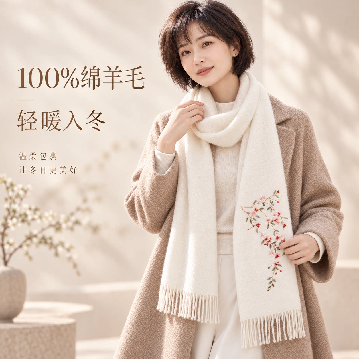 织锦楼100%绵羊毛围巾女秋冬保暖长款花卉绣花新中式气质百搭送礼