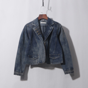 小西服上衣潮 显瘦短款 做旧蓝牛仔衣复古西装 牛仔外套女设计感修身