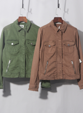 工装口袋拉链牛仔衣军绿色天丝外套秋季做旧洗水重工工装夹克