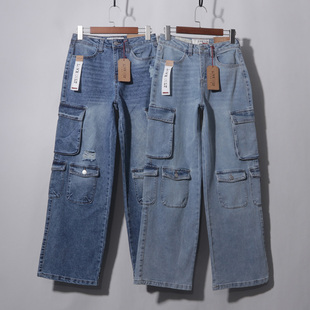 多口袋工装阔腿美式多口袋牛仔裤小众复古阔腿工装裤欧美裤子潮