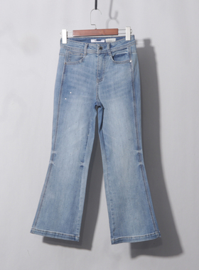 合计三件  高腰九分浅蓝镶钻喇叭牛仔裤