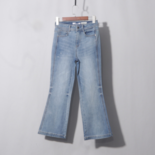 合计三件 高腰九分浅蓝镶钻喇叭牛仔裤