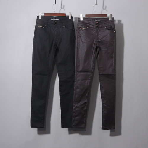 黑色深棕双扣涂层小脚皮裤牛仔裤女显瘦小脚裤高腰九分裤PU长裤子