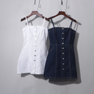 小码收腰精绝古着弹力学院风吊带牛仔连衣裙女前排扣牛仔半身裙