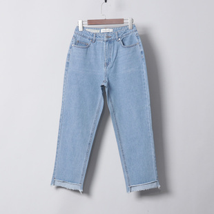 高腰显瘦直筒牛仔裤 裤 女夏季 九分老爹裤 脚不规则毛边直筒宽松薄款
