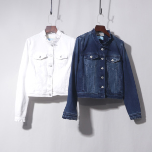 荷叶边圆领牛仔上衣复古水洗蓝白色长袖外套女秋季小个子